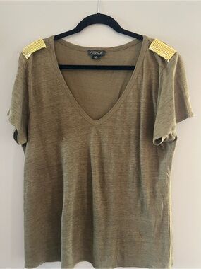 Olive V-Neck Top with Gold Shoulder Accent